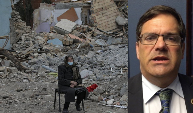 Left photo - An Azerbaijani citizen sits in front of the ruins of her home, destroyed by rocket fire from Armenian forces, in Ganja, Azerbaijan.
Right photo- pro-Armenian Congressman Gus Bilirakis

