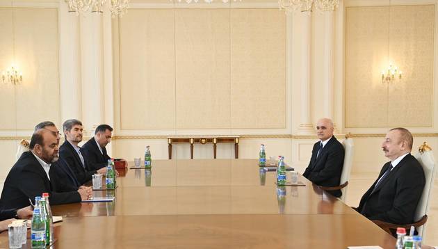 Ilham Aliyev at a meeting with Iranian Minister of Roads and Urban Development, co-chairman of the Iran-Azerbaijan State Commission for Economic, Trade and Humanitarian Cooperation Rostam Ghasemi