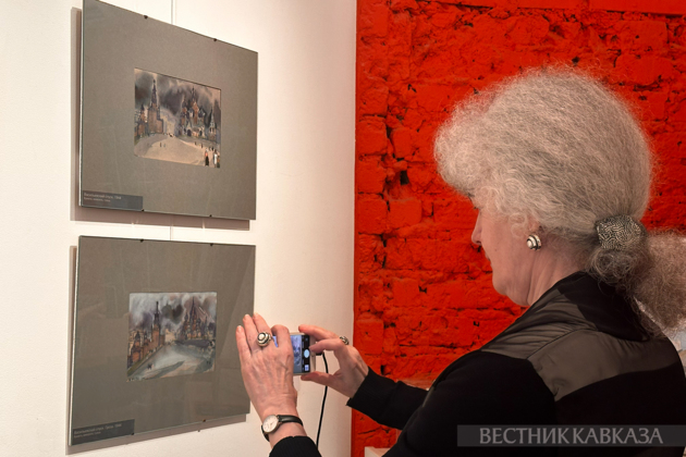 A visitor to Tatyana Mavrina's exhibition