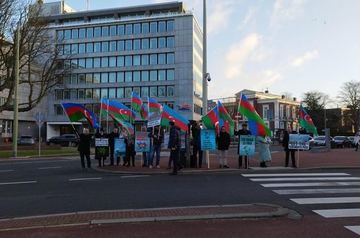 Azerbaijani diaspora activists gather in front of Peace Palace in The Hague