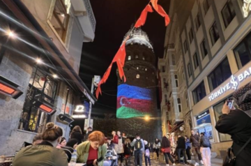 Galata Tower in Istanbul illuminated with Azerbaijani flag